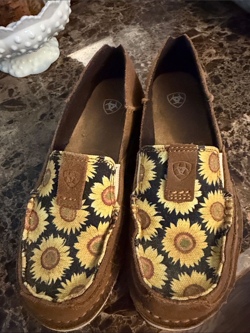 Ariat Brown Moccasins with Yellow Sunflower Print